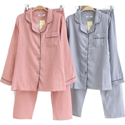 Spring and Autumn Ladies Pajamas Home Suit Cotton Long-sleeved Trousers Newest Cardigan Casual Dots Printed Women Sleepwear