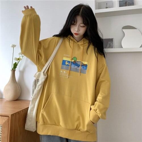 Hooded Sweatshirt Womens Korean Loose Large Womens Cotton Long Sleeve Cartoon Print Pullover Sweatshirts Wn