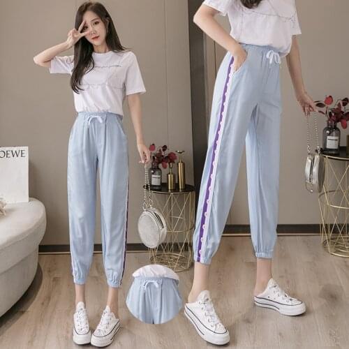 Womens Jeans Thin Denim Imitation Tencel Elastic Waist Casual Pants Blue 2021 Summer Ice Silk Ladies Jeans Embroidery