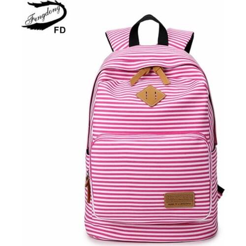 Fengdong Pink stripe school bags for girls canvas bookbag teenage grils school backpack student satchel women travel backpack