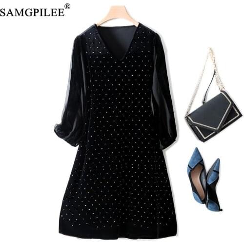 Black Dress Patchwork Dot Pattern 2021 New Bronzing Gold Velvet Casual A-line Full Sleeve Patchwork V-neck Dreses For Women 4XL