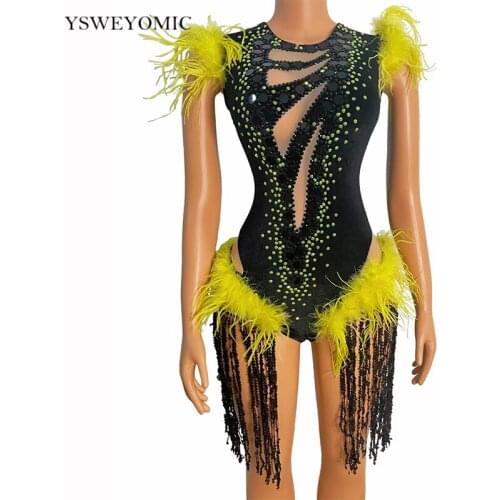 Black Sequin Yellow Fringe Feather Rhinestone Bodysuit Women Dancer Singer Stage Wear Birthday Prom Celebrate Dance Outfit
