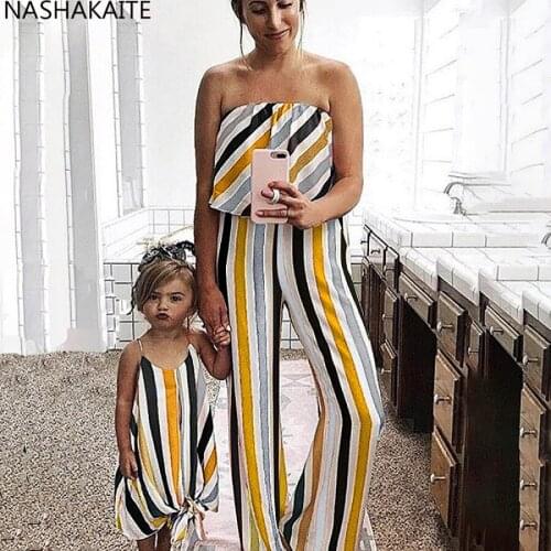 NASHAKAITE Mother Daughter Jumpsuit Loose Casual Off Shoulder Stripe Jumpsuit Baby Girl Clothes Mommy and me clothes Family Look