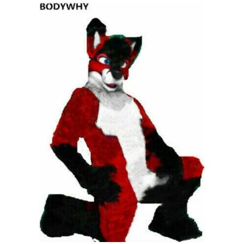 MascotBJ Fursuit Red Long Fur Wolf Fox Husky Dog Mascot Costume Cosplay Fancy Dress Adult