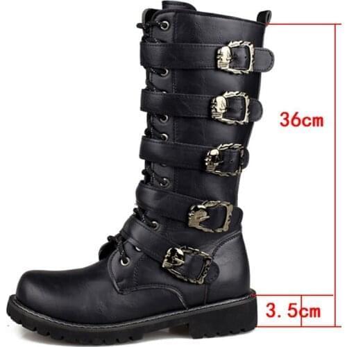 Men Mid-Calf Army Boots Lace-Up Genuine leather Motorcycle boots Non-slip Wear-resistant Outdoor work boot Leather Boots Skull