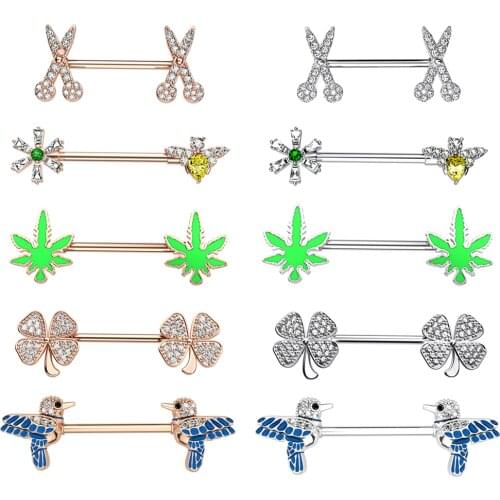 2pcs 14G*16mm Nipple Rings Flower Bee Bird Nipple Piercing Barbell Set Clear CZ 316L Steel Body Piercing Jewelry for Women Men