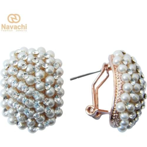 Navachi Oval Pearl Crystal Rhinestone Yellow GP Clip-stand Ear Buckle Earrings SMT1875