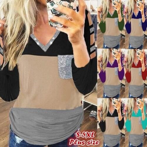 New product womens top autumn and winter new hollow sequined V-neck color-blocking long-sleeved T-shirt