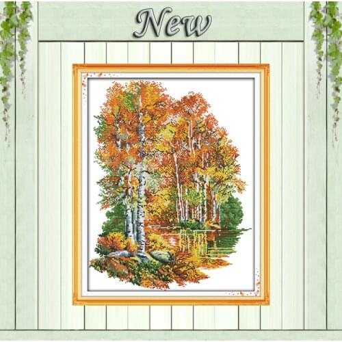 In the autumn of birches scenery river painting counted print on canvas Cross stitch DMC 14CT 11CT Needlework Set Embroider kits