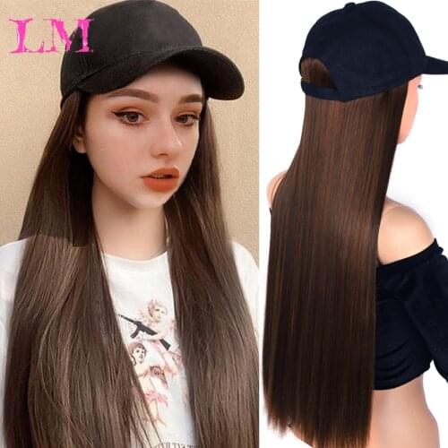 LiangMo Long Straight Hat Wig Synthetic Baseball Cap Hair Wig Natural Brown Wigs Connect Synthetic Hat Wig Adjustable For Women