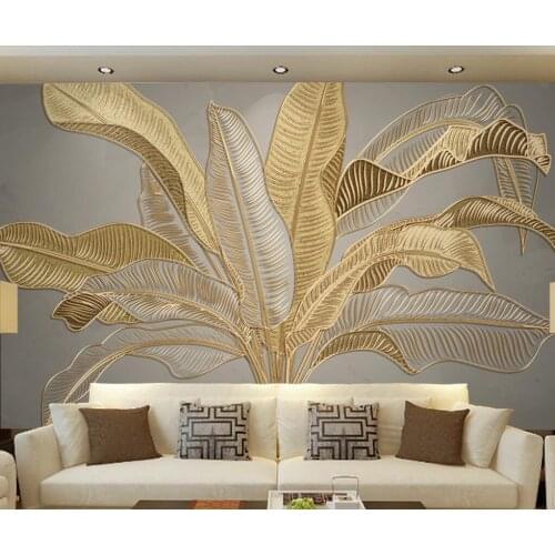 Custom atmospheric banana leaf light luxury golden line embossed TV sofa background papel de parede wallpaper wall stickers