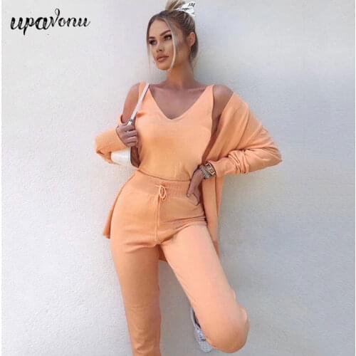 Casual Sportswear 3-piece Ladies Knitted Sweater Set Long Sleeve Cardigan Jacket & Vest & Tight Pants Set Womens Autumn 2020