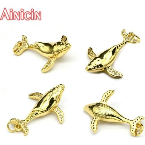Lifelike Gold Plating Whale Fish Cetacean Pendants White Zircon Stone Setting Fashion Women Necklace Jewelry
