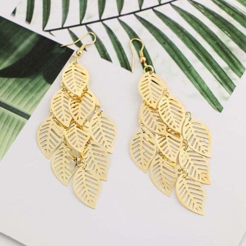 JZTOP Retro Hollow Leaf Long Tassels Drop Earrings For Women Fashion Gold color Metal Leaves Dangle Earring Boucle D'oreille