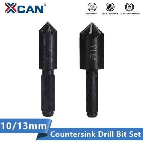XCAN Countersink Drill Bit 2pcs 10/13mm 1/4'' Hex Shank Carbon Steel Wood Hole Drill 7 Flute Chemfer Cutter