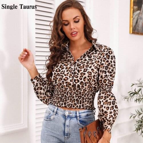 Women Blouse Shirts Fall Long Sleeve Turn Down Collar Leopard Print Casual Ladies Tops Lantern Sleeve Camisas Mujer Blusas 2021