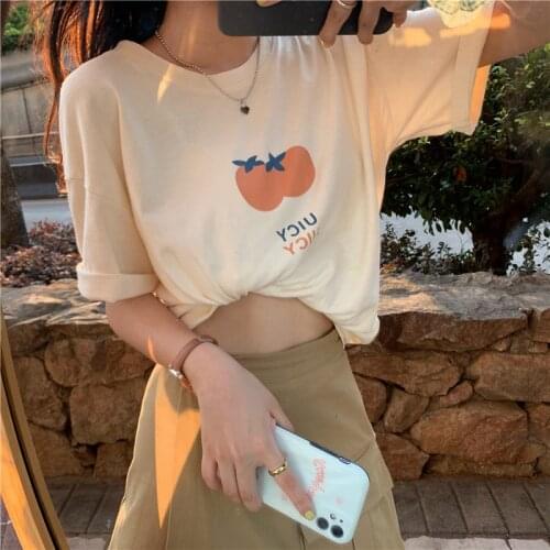 2021 Spring and Summer New Short-sleeved T-shirt Fruit Orange Cute Loose Simple Ladies Fashion Western Style Shirt Women Trend