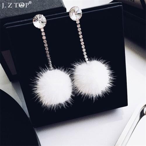 New Rhinestone Crystal Stud Earrings Mink Hair Imitation Rabbit Hair Ball Earring Fashion Long Earrings For Women Girls Jewelry