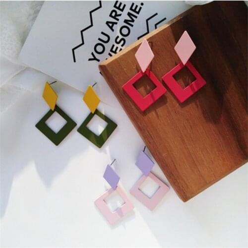SOHOT Cute Candy Splice Colorful Square Enamel Women Short Drop Earrings Charming Geometric Hollow OL Style Holiday Jewelry Gift