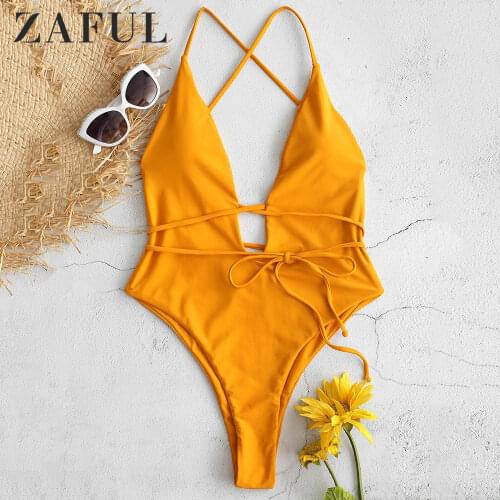 ZAFUL Backless High Cut Swimsuit Women Plunging One Piece Swimwear Sexy Bandage Bikini Bathing Suit Solid Monokini Beachwear