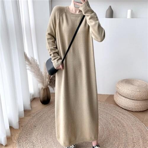 Women Autumn Winter Long Knitted Sweater Dress Loose Straight Round Collar Full Sleeve Pullover