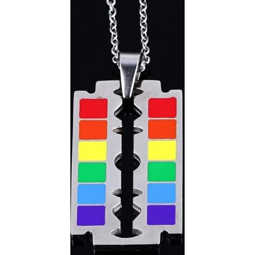 2021 LGBT Trendy Stainless Steel Metal Epoxy Rainbow Blade Personalized And Creative Pendant Necklace Suitable For Couples