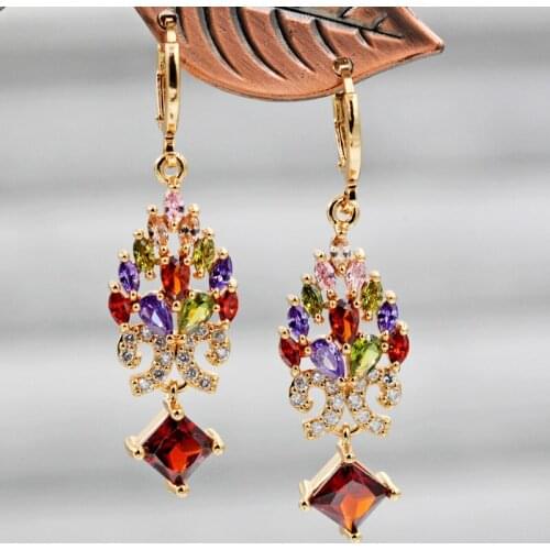 Bohemia Trendy Waterdrop Earrings for Womens Gold Filled Dangle Eardrop Red Cubic Zirconia Jewelry Accessories Party Wedding