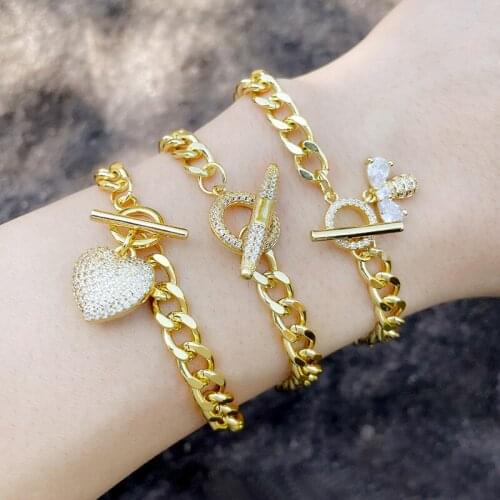 EYIKA Heart Bee Pendant Zircon Charm Bracelets for Women Curb Cuban Link Chain TO Buckle Chunky Bangle Elegant Jewelry Gifts