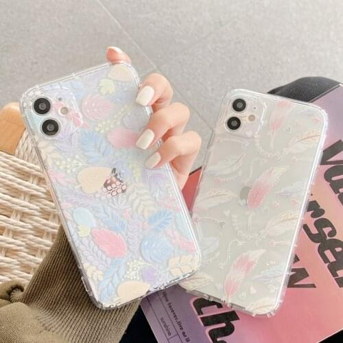 Light Color Feather Leaves Phone Case For iphone 12 Mini 11 Pro Max XS XR 12Pro 7 8 Plus X Fashion Clear Silicon Soft Back Cover