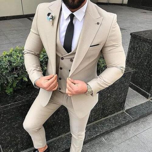 Elegant Designs 2021 Casual Business Beige Mens Suits 3 Pieces Formal Dress Men Suit Set Men Wedding Suit For Men Groom Tuxedos