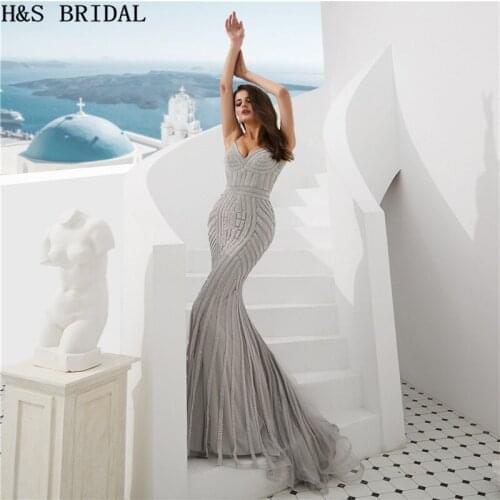 H&S Bridal Silver Evening Dress Crystals Luxury Women Gown Long 2020 Vestidos Evening Party Dresses