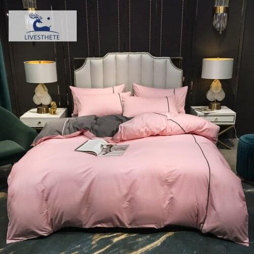 Liv-Esthete Women Noble Pink 100% Cotton Bedding Set High Quality Duvet Cover Flat Sheet Pillowcase Queen King Bed Linen Set