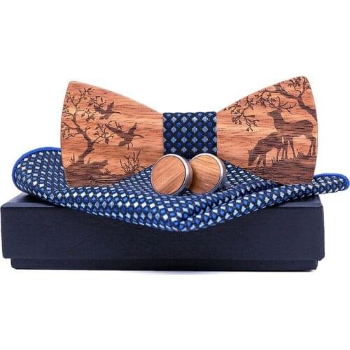 Linbaiway Mens Polyester Handkerchiefs Wood Cufflinks Wooden Bow Tie Set for Christmas Gift Gravatas Goom Wood Bowtie Set