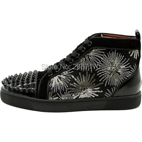 Plus Size Firework Embroidery Black Leather Man Casual Shoes Flat Sequined High Top Sneakers Cross Tied Platform Rivet Shoes Men