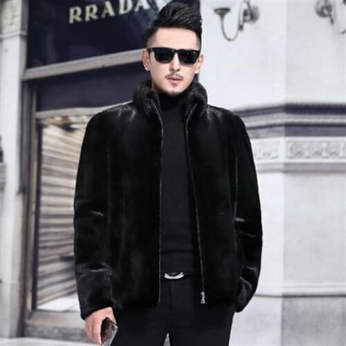 2021 Mens Velvet Faux Mink Winter Hooded Jacket Youth Solid Color Faux Fur Leather Jacket