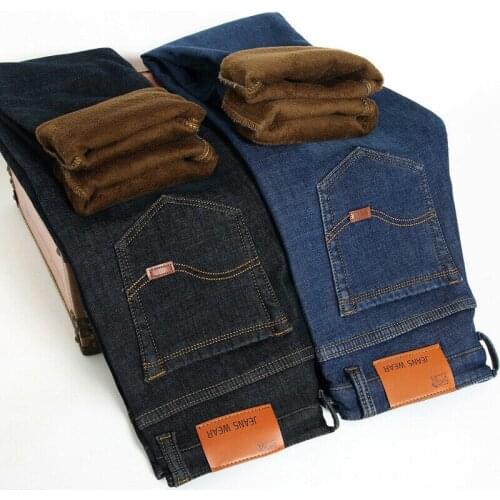 Mens Thermal Jeans Fleece Lined Denim Long Pants Winter Stretch Warm Trousers Korean Style Trendy Man Straight Slim
