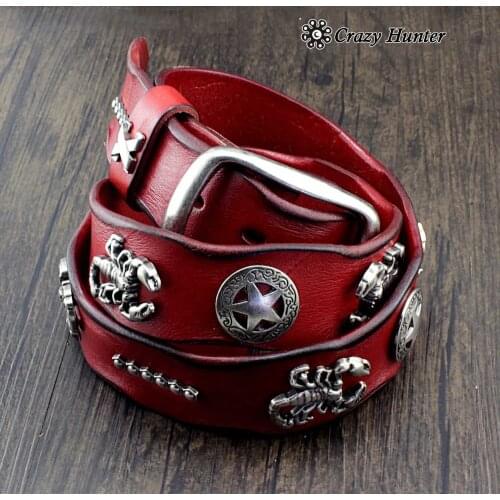 Scorpion Studded Men Biker Rock Red Genuine Leather Leather Belt