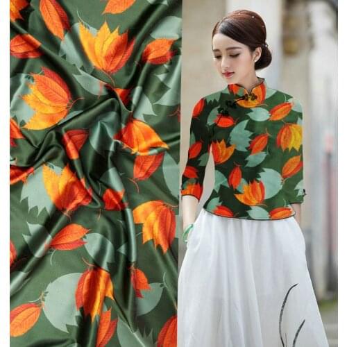 New Super Have Silk Fabric green flowers Print Retro 97% Natural Silk Fabric Stretch tissu Dress Colth Material for sewing texti