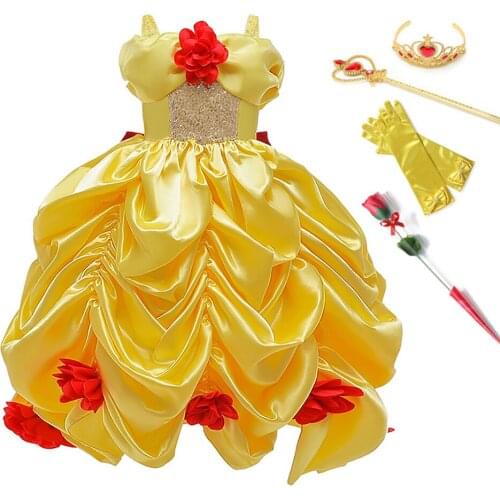 Princess Girls Belle Dress Cosplay Beauty and the Beast Costume Kids Summer Birthday Frock Girl Sequined Fancy Vestido Clothes