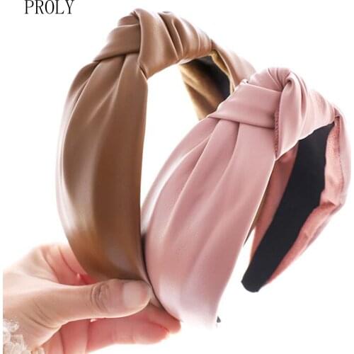 PROLY New Vintage Women Headband Wide Side PU Leather Hairband Center Knot Casual Headwear Adult Hair Accessories Wholesale