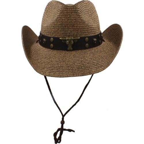 Straw Western Cowboy Hat For Men With Punk Leather Bull Band For Gentleman Beach Sun Sombrero Hat Size 56-58CM