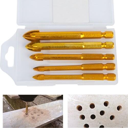 5pcs Cross Spear Head Drill Bits 6/6/8/10/12mm Titanium Coated 1/4" Hex Shank Ceramic Tile Glass Mirror Drill Bit Tool