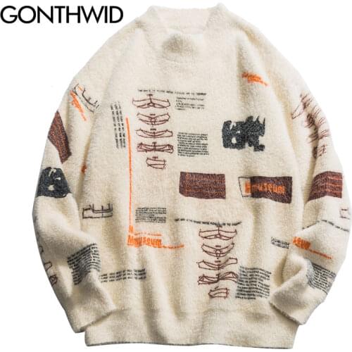 GONTHWID Graffiti Knitted Pullover Jumper Sweaters Streetwear Hip Hop Casual Long Sleeve Turtleneck Knitwear Sweater Men Tops