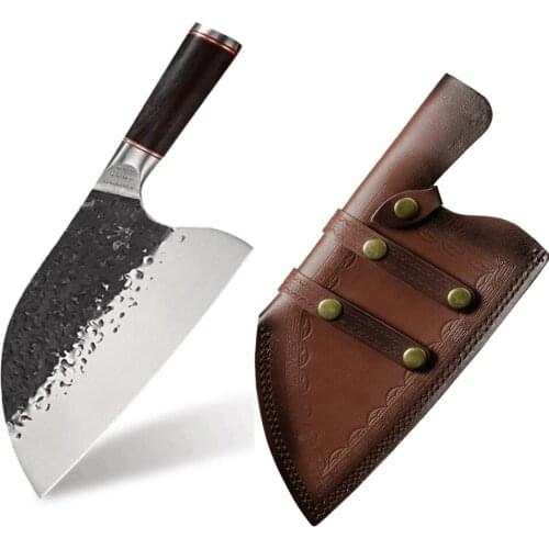Xyj High Carbon Steel Kitchen Knife 7.5'' Inch Butcher Cleaver Semicircle Wide Blade Ebony Wood HandleButcher Knife With Sheath