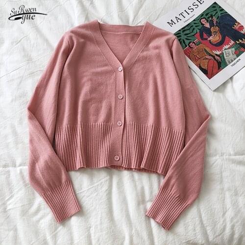 2021 new Korean version of the solid color V-neck long-sleeved sweater womens autumn cardigan loose thin top ins 16150