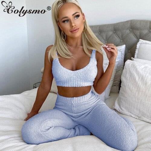 Colysmo Crop Top Pencil Pants 2 Piece Sets Women Autumn Sleeveless Loungewear Solid Color Long Trousers Two Piece Set 2020 New