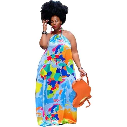 Sexy Dress For Fat Woman Plus Size 4XL Long Maxi Open Back Boho Elegant Backless Loose Halter Printed Holiday Beach Dresses