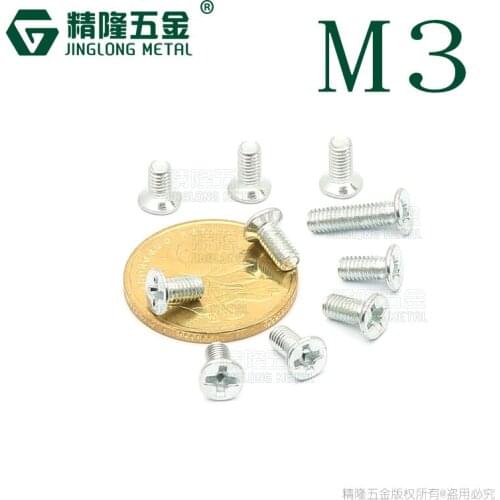 100pcs Carbon Steel KM3*5/6/8/12 white zinc Phillips Flat Countersunk Head Micro Machine Screw