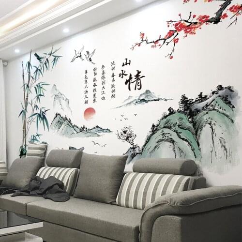 3D Landscape Ink Painting Wall Stickers Chinese Style Backdrop Wall Decoration Aesthetic DIY Large Mural Self Adhesive Wallpaper