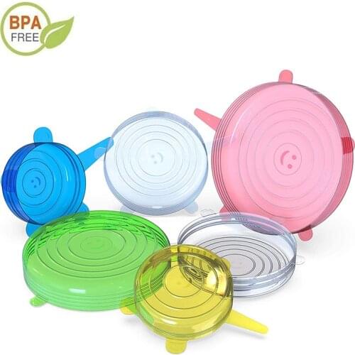 6 Pcs/ Set Universal Food Silicone Cover Reusable Silicone Stretch Lids Caps For Fruit Cookware Pot Cover Kitchen Accessories